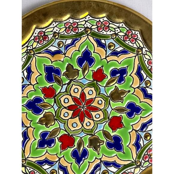 Vibrant Painted Enamel 6" Ceramic Plate Medina Perez Spain Gold Accents Gold Rim - Picture 2 of 5